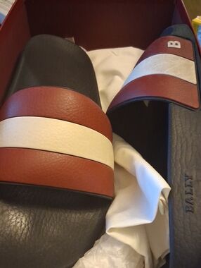 Bally Black Footbed Slides with Brown and White Straps